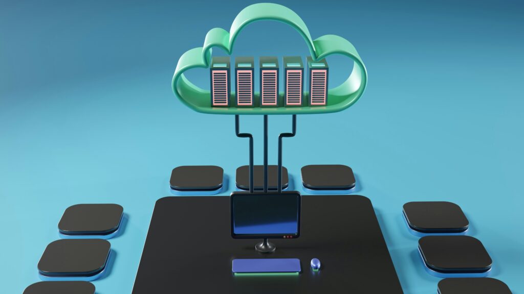Servidores representando el almacenamiento en la nube conectados a un equipo