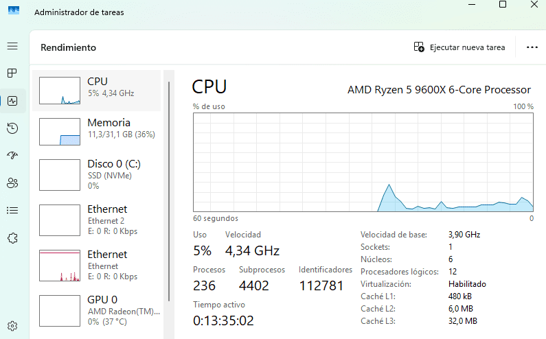 administrador de tareas mostrando rendimiento de cpu memoria y procesos en windows
