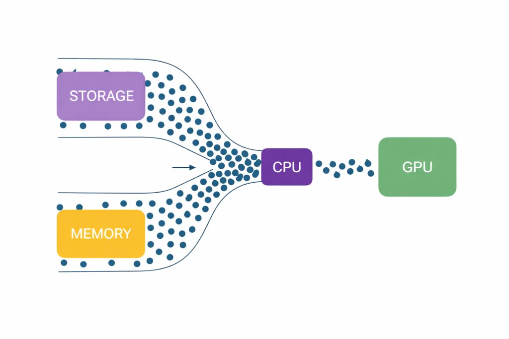 diagrama cuello de botella en un PC entre CPU, GPU, memoria y almacenamiento
