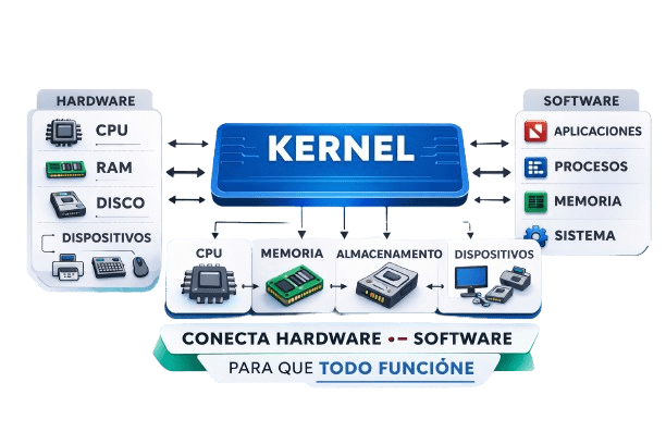 funcionamiento del kernel conectando hardware y software