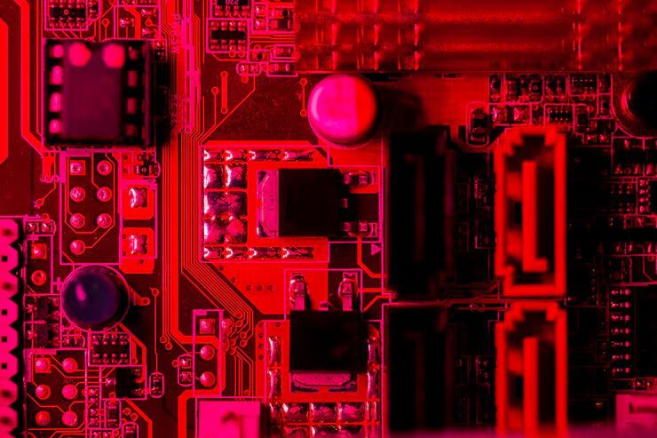 Imagen de un componente en la placa al que se le hace overclocking con luz roja